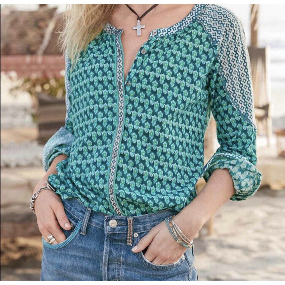 Sundance Stories Be Told Green Southwest Print Easy Button Up Shirt Top